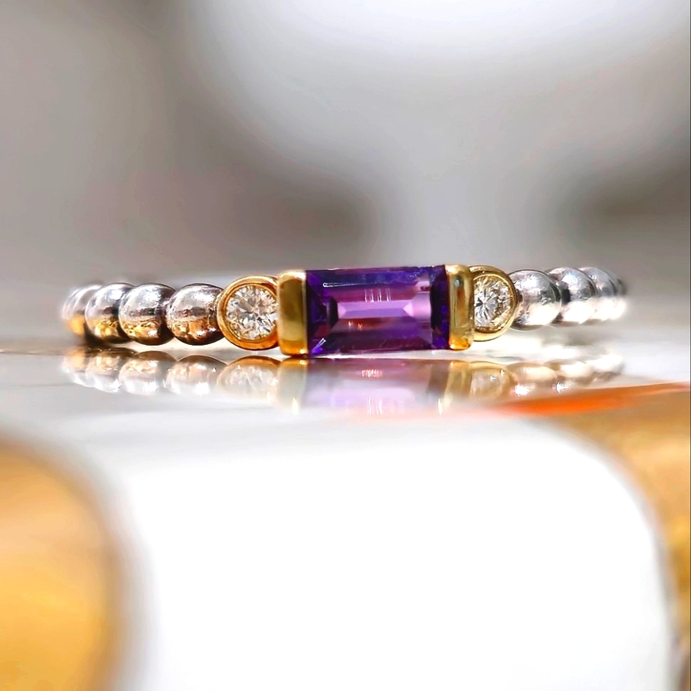 Lagos Amethyst Diamond Gold & Silver Ring Size 7